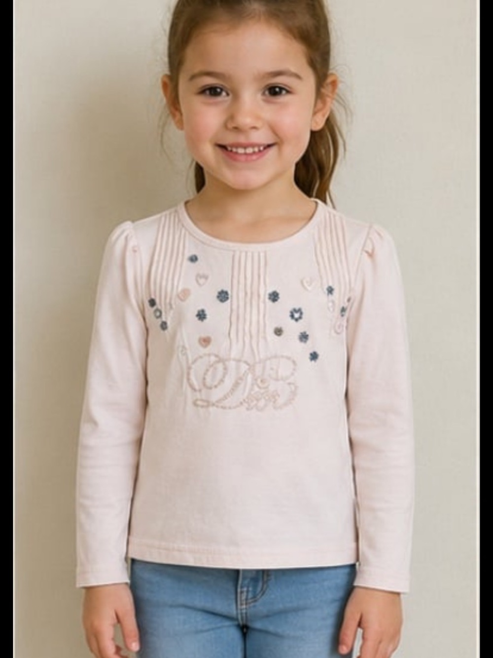 Dior Girls' Long Sleeve Light Pink Embroidered Tee